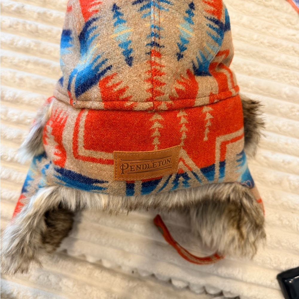 Pendleton Orange Blue Tan Patterned Wool Blanket … - image 2